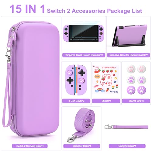 Younik NS Switch 2 Accessories Bundle, 15 in 1 Purple Switch Accessories Kit for Girls Include Switch 2 Carrying Case image 5