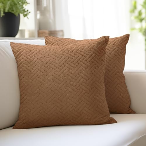 Image of Encasa XO Velvet Cushion Covers, No Inserts, Set of 2, Tan | 16 inchx16 inch | Both Side Fabric | Hidden Zipper Closure | Solid Color | Fade & Shrink Resistant | Machine Washable