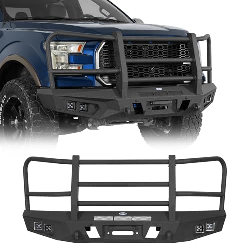 Hooke Road F150 Front Bumper Grille Brush Guard Bull Bar for Ford F-150 2015 2016 2017 (Exclude Raptor), Full-Width Steel Off-Road Bumper with 12,000-lb Winch Plate & 4×25W LED Spotlights