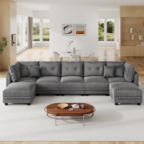 Image of LLappuil Modular Sectional Sofa with Storage, U-Shaped 7-Seat Corduroy Couch with 7 Throw Pillows, Pet-Friendly Convertible Sofa for Living Room & Apartment, Skin-Friendly, Grey