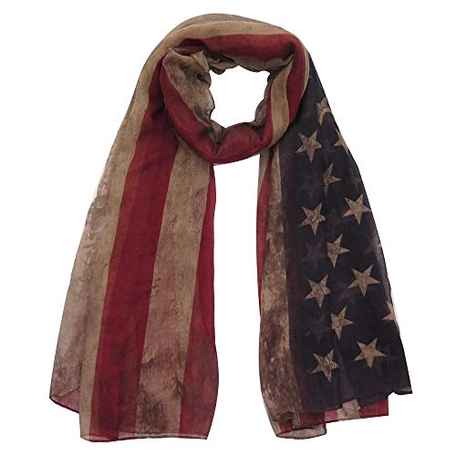 Vintage American Flag Print Long Women's Scarf 4th July (Brown and Red)