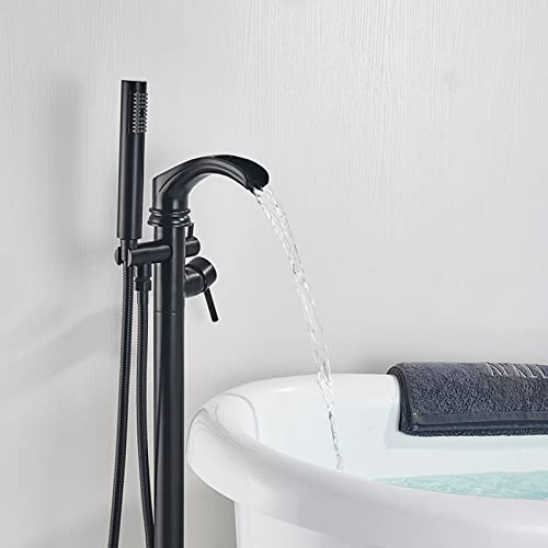 BOSHYUM Robinet de Baignoire sur Pied Noir Mat, Robinet de Baignoire-Douche Cascade avec douchette, mitigeur Eau Chaude et Froide