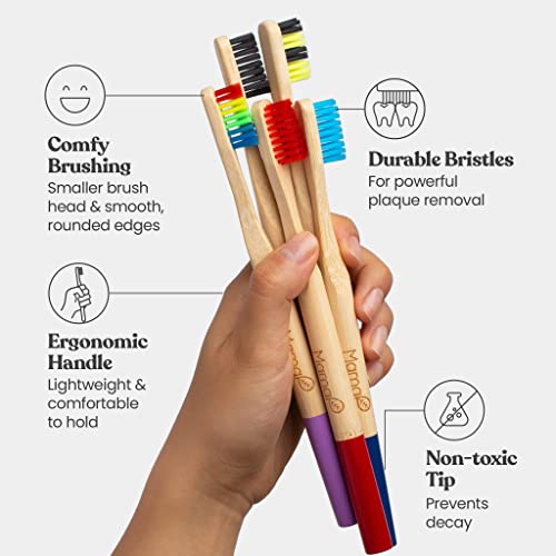 Mamap Bamboo Toothbrush Set For Adults, Medium Nylon Bristles, Family Toothbrush Multipack, Eco-Friendly 100% Natural, Recyclable & Compostable, Multicolor Handle, 5-Pack #TOP1