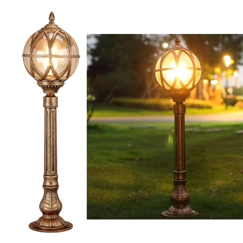 YVAMNAD Luminaria De Exterior para Caminos, Moderna Farola De 31,5 Pulgadas, Impermeable, Bolardo De Bronce E26 con Luces De Pasarela De Vidrio Ámbar para Césped, Patio, Jardín.
