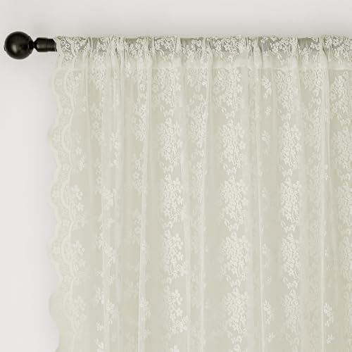 Anmao Vintage Lace Curtains 108 Inches Long 2 Panels Set, Romantic Elegant Light Filtering Semi Sheer Floral Thick Lacy Curtain Drapes for Living Room and Bedroom, Each Panel 55W x 108L, Ivory White by Anmao - Used condition - Image 6