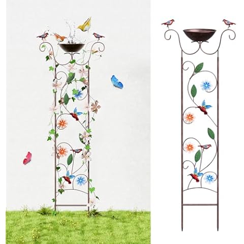 Glirops Bird Bath for Outside - Antique Iron Bird Bath with Trellis,Detachable Decorative Hummingbird Bowl,Metal Plant Support for Climbing Flowers,Elegant Outdoor Garden Feature (Hummingbird) Cover