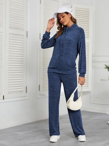 Famulily Tracksuit Womens Full Set Loose Casual Sweatshirt and Warm Joggers 2 Pcs Outfit Suits with Pocket Navy Blue M - Image 2