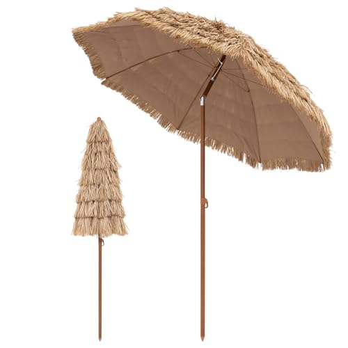 COSTWAY 1.8m/1.9m/2m Garden Hawaii Parasol, Folding Tilting Thatch Tiki Sun Umbrella with 8 Ribs, Tropical Hawaiian Straw Sunshade for Patio Pool Balcony Backyard (196 x 214cm)