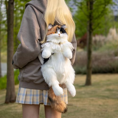 Image of Chongker Cat Shaped Backpack - Handcrafted Stuffed Animals Plush Bag with Adjustable Shoulder, Crossbody, and Handbag Straps (Dark Calico Backpack)