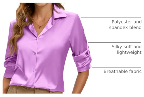 Image of Premium Soft Breathable Stretch Satin Silk Button Down Shirts for Women Long Sleeve Leopard Blouses Work Dress Tops