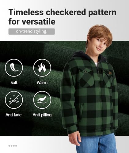 Image of ZITY Boys Flannel Jacket Sherpa Lined Zip Up Hoodie | Thick Plaid Shirt With 4 Pockets,Warm,Soft,Kids Outerwear,Machine Washable,School,Daily,Hiking,Camping,Winter Coat,6-15 Years