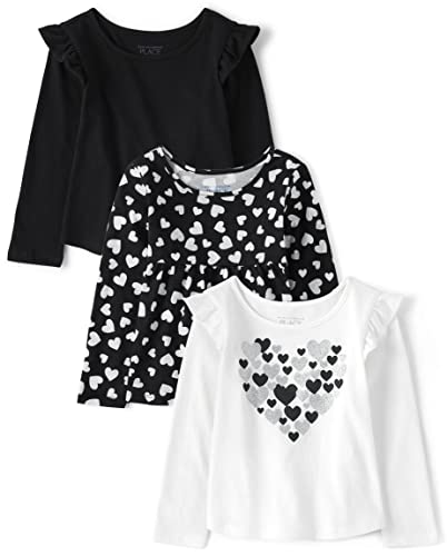 The Children's Place Baby Girls' and Toddler Long Sleeve Fashion Shirt, Black/Black Hearts/White Heart 3 Pack, 5 Years (Pack of 3)