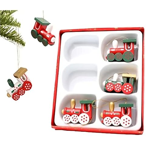Tiuxiu 6 Pieces of Wooden Christmas Train Christmas Wooden Decoration Gift Set Mini Wooden Train Christmas Tree Pendant Suitable Cover