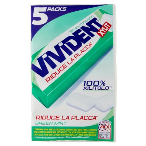Vivident Xilit Green Mint, Chewing Gum Senza Zucchero, con Xilitolo, Confenzione da 5 Stick
