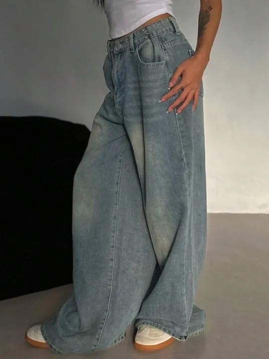 Image of KOTTY Women Trendy Wide Leg Jeans High Waist Baggy Fit Denim Streetwear Jeans