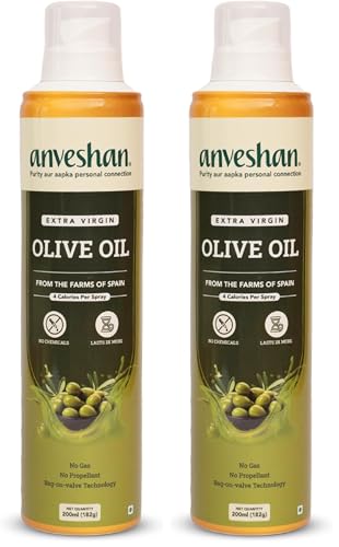 Image of Anveshan Extra Virgin Olive Oil Cooking Spray - 200ml | Extra Virgin, Cold Pressed, Natural; Cook Healthy with 10X LESS Oil | Ideal for Dressing, Baking, Air-Frying | Good for Skin, Hair & Massage