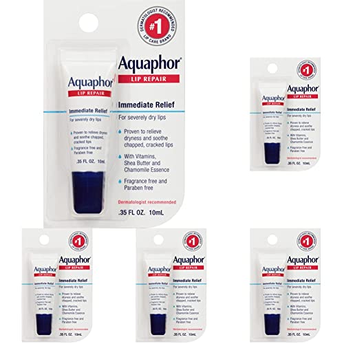 Aquaphor Lip Repair Ointment - Long-lasting Moisture to Soothe Dry Chapped Lips - .35 fl. oz. Tube (Pack of 5)