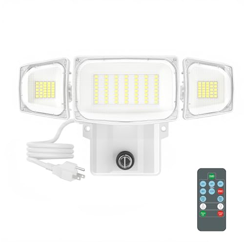 Olafus 80W Plug in Flood Lights Dusk to Dawn Outdoor Lighting, 8000LM Exterior LED Security Light with Remote, IP65 Waterproof, 6500K 3 Adjustable Heads Photocell Light for Yard, Garage, White