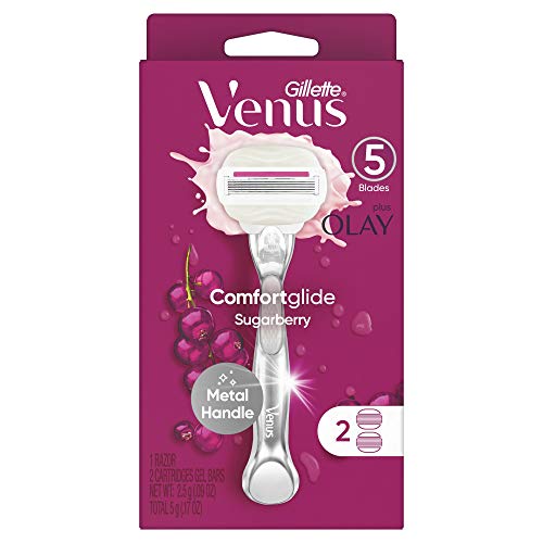 Gillette Venus Store Comfortglide with Olay Sugarberry Womens Razor Handle + 2 Blade Refills, Silver, 1 Count