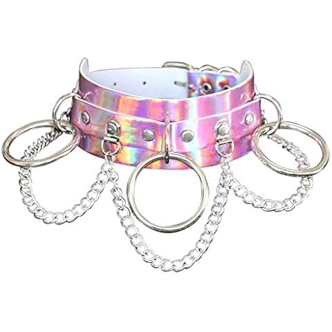Fashionsupermarket Unique Halloween Sexy Hologram Holographic Leather Chokers,Gothic Ring Pendant Chokers for Night Wearing Club Cosplay (pink) Cover