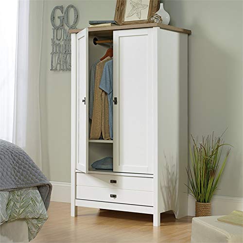 Pemberly Row Modern Engineered Wood Armoire In Soft White/Lintel Oak #TOP3