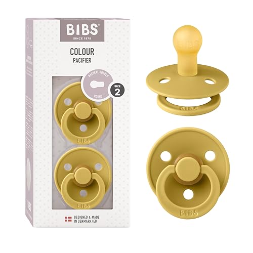 Image of BIBS Pacifiers Colour Collection | Natural Rubber Baby Pacifier | Set of 2 BPA-Free Soothers | Made in Denmark | 6+ Months (Pack of 2) | Mustard