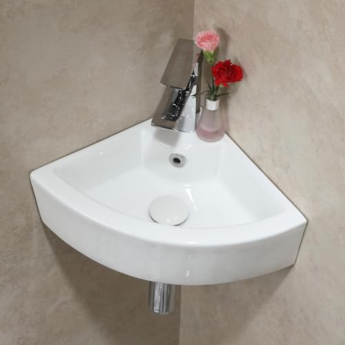 Teal Home Lavabo para baño, lavabo esquinero de cerámica, mini lavabo, lavabo pequeño para invitados, lavabo de 46 x 32 x 12,5 cm, lavabo de pared con rebosadero