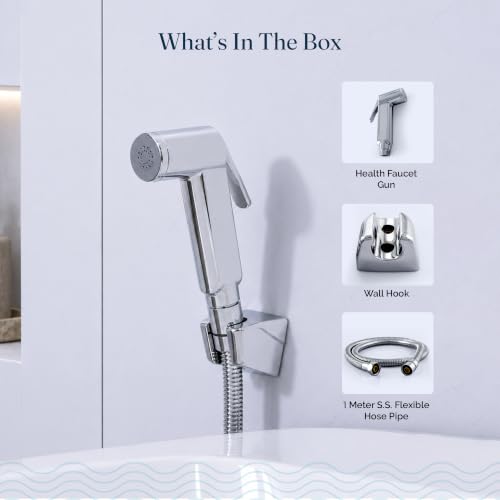 Image of JAL Health Faucet Set for Toilet | Bathroom Accessories | Jet Spray for Toilet | ABS Health Faucet with 1 Meter Stainless Steel Flexible Hose Pipe & Wall Hook|Chrome Finish (Health Faucet)- Pack of 2