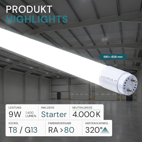 LUXULA 2er Pack LED Röhre 60cm T8 G13, 9W 1400lm, 4000K Neutralweiß – Ansicht 2