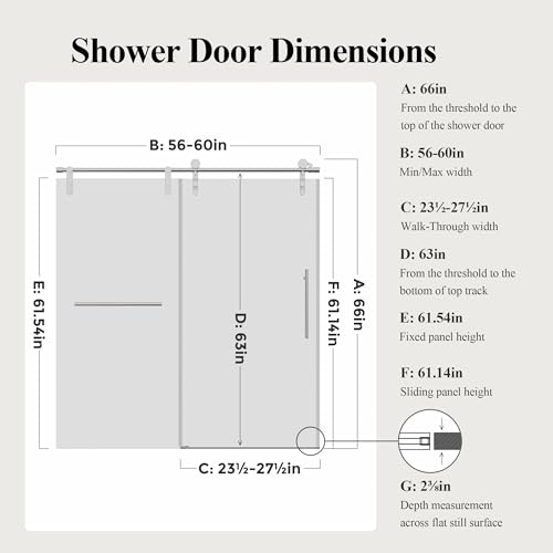 Image of 56-60 inch W x 66 inch H Frameless Bathtub Shower Door, Bathroom Single Sliding Tub Shower Glass Doors with 5 /16 inch (8mm) SGCC Tempered Glass, Stainless Steel Handle and Heavy Duty Frame, Chrome