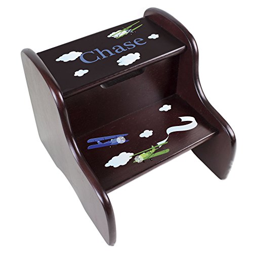 My Bambino Personalized Kids Step Stool | Boys Airplane Espresso Step Stool | Custom Name Toddler Bathroom & Kitchen Helper | Great Baby Gift