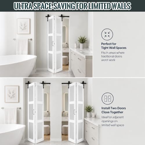 Image of Bifold Frosted Glass Barn Door 32 inchx84 inch with Hardware Included