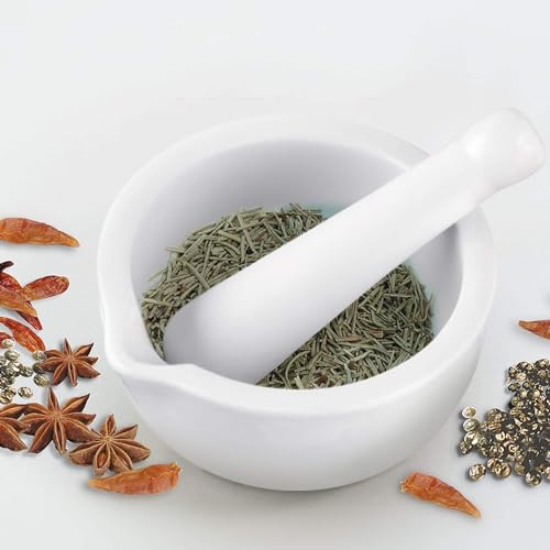 Foto von Fackelmann Porzellan Mörser & Stößel – Perfekt für frisch gemahlene Gewürze, Spülmaschinengeeignet, Ø 12cm, Weiß, Weiss/opulenter Garten