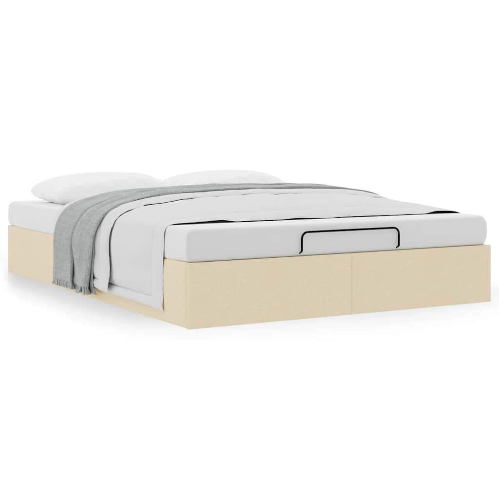 Letto ottomano in tessuto color crema, 140 x 190 cm, con vano portaoggetti e meccanismo di sollevamento idraulico, letto imbottito senza materasso, rete a doghe inclusa, portata fino a 140 kg