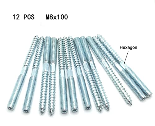 Image of Hanger Bolt M8x100 Silvery Double Headed Bolt Self-Tapping Screw with Hexagon for Furniture 12Pcs