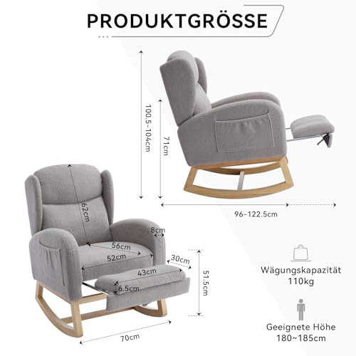 Miniatura 2 de Jcfeidqw Silla Mecedora, Sillón De Lactancia, Sillón Lounge Con Estructura De Madera, Reposapiés Ajustable, Respaldo Alto, Tela De Osito, Con Bolsillo, Cómodo Sillón Acento Para Dormitorio, Salón