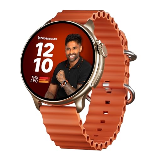 CrossBeats Aura Round 1.46″ Super AMOLED Smart Watch, Always On, Advanced AI ENC Bluetooth Calling, in-Built Games, Fast Charge, Rotating Crown, 123+ Sports Modes, 454 × 454 Pixel (Gold,Orange)