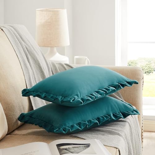 Image of Amazon Brand - Umi Velvet Dark Teal 12x20 Pillow Covers, Set of 2 Decorative Ruffle Cushoin Pillow Covers for Sofa Couch