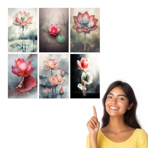 Image of SiddArtify Lotus Flower Wall Art Prints Set - Watercolor Floral Poster Decor for Living Room Bedroom Office - 8x12 Sticker Pack of 6