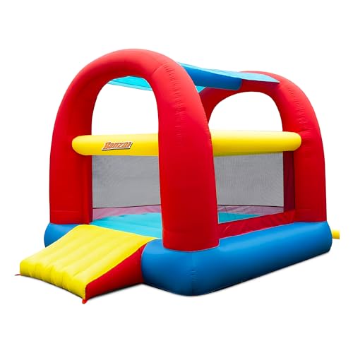 Banzai Bounce ’N’ Slide Cool Canopy Inflatable Indoor Outdoor Bounce House with Slide and Blower