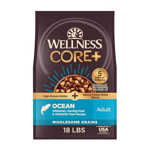 Wellness CORE+ Dry Dog Food with Freeze Dried Pieces, Wholesome Grains, High Protein, Natural, Ocean Whitefish & Herring Recipe, (18-Pound Bag)