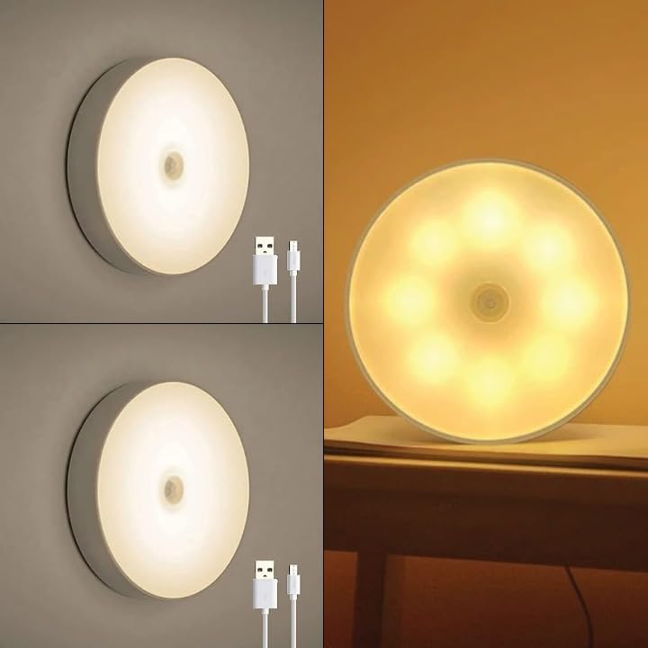 Motion Sensor Light Indoor for Home Cupboard Cabinet Bedroom Wardrobe Stairs Kitchen Fridge Self Adhesive Motion Activated Automatic USB Chargeable LED Night Light (Cool White, Box of 2)