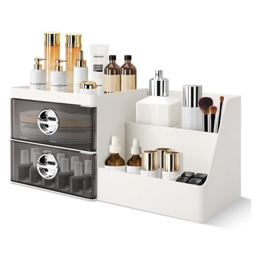 Makeup Organizer with Clear Drawers,Plastic Skincare Organizers for Vanity,Large Capacity Makeup Organizer Countertop for Cosmetics, Skincare,Office Stationery (Gray Drawer)