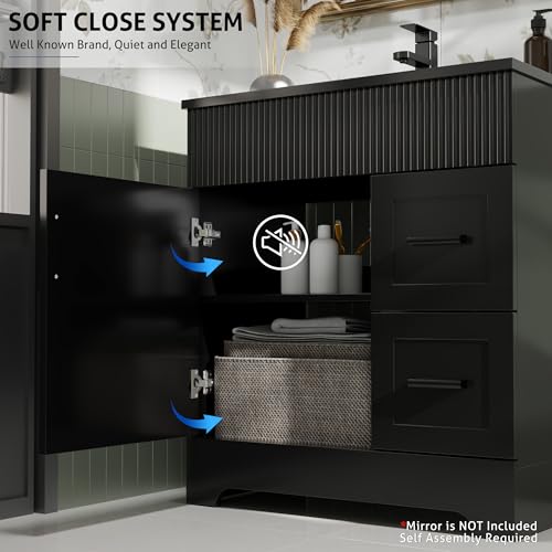 Image of eclife 30 inch Bathroom Vanities Sink Combo with Painted Surface, Modern Drawered Cabinet W /Decorative Wave Lines, Undermount Single Black Sink, Matte Black Faucet Drain, Black