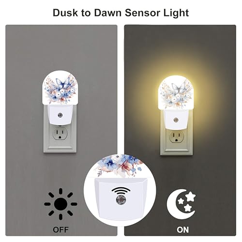 Image of Watercolor Butterfly and Flowers Night Light for Kids,Elegant Blue Floral Plug in Night Light with Dusk to Dawn Sensor, 0.5w Energy Saving Nightlight for Hallway Stairway Kitchen Bedroom