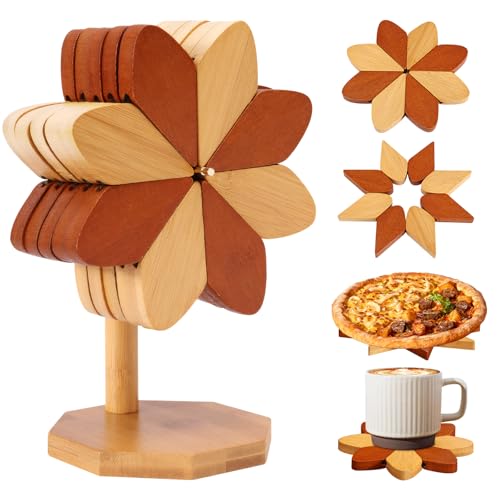 YTACREA Lot de 5 Dessous de Plat en Bambou, Dessous de Plat Bois en Forme de Moulin à Vent, 5 Dessous de Plats et 1 Support, Sous Plat de Table Résistant à...