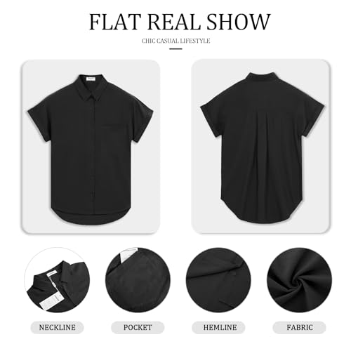 Womens Button Down Casual Shirts Cotton Short Sleeve Blouses Solid Summer Tops with Pocket Black
