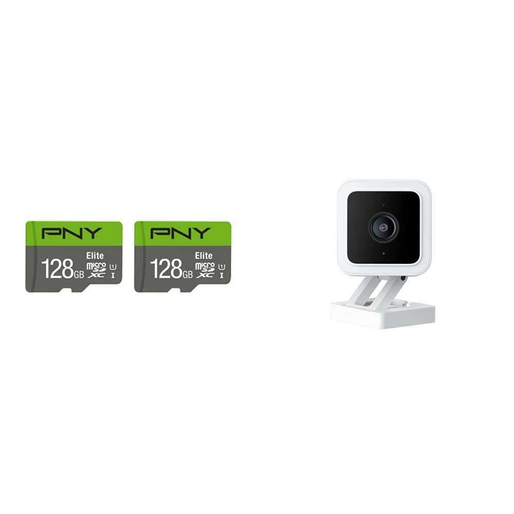 PNY 128GB Elite Class 10 U1 microSDXC Flash Memory Card 2-Pack & WYZE Cam v3 with Color Night Vision, Wired 1080p HD Indoor/Outdoor Video Camera