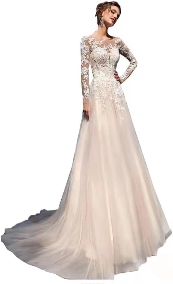 Long Sleeve Shear Neck Lace Wedding Dresses A-Line Corset Button Back Bridal Gown for Women