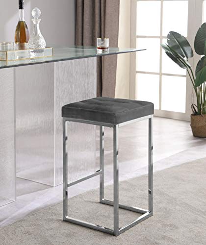 Meridian Furniture Nicola Collection Modern | Contemporary Upholstered Counter Height Stool With Tufted Seat And Durable Steel Base, Set Of 2, Grey Velvet, 15" W X 15" D X 26.5" H #TOP4